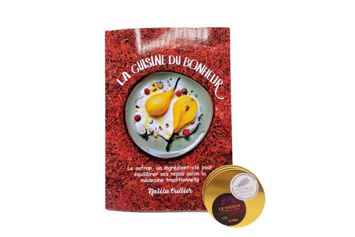 Pack Livre "La cuisine du bonheur" et Safran sec en filaments : le pot fin gourmet, 0.50gr